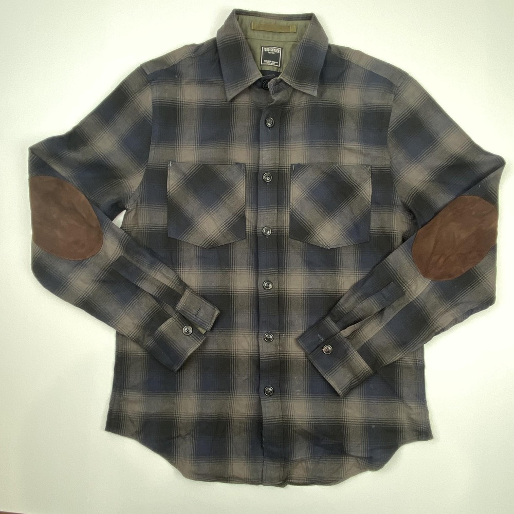 Todd Snyder Shirt Mens Medium Gray Plaid Flannel Suede Elbow Patch Button Up